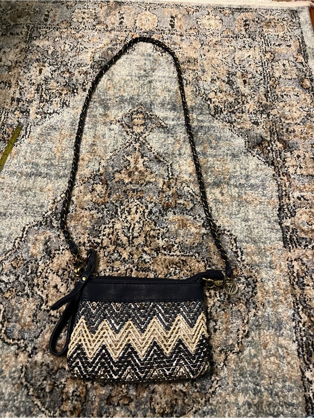 Woven Chevron Crossbody Bag in Navy and Cream